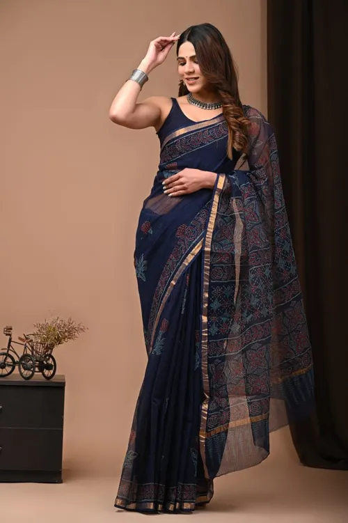 Handcrafted Bagru Print Indigo Colour Kota Sarees